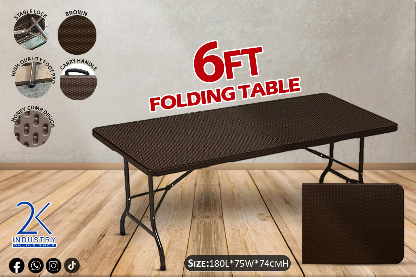 6ft Rattan Style Folding Table