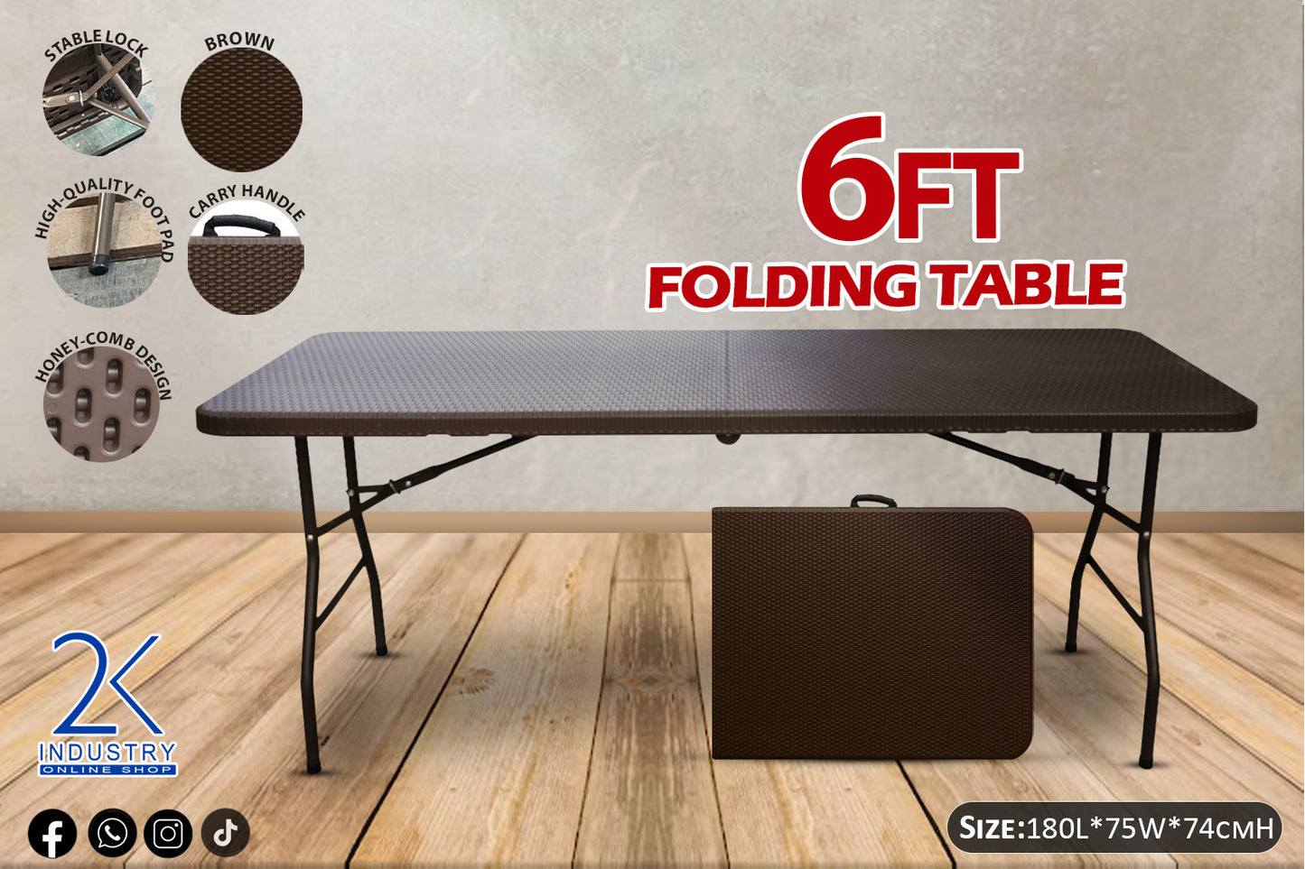 6ft Rattan Style Folding Table