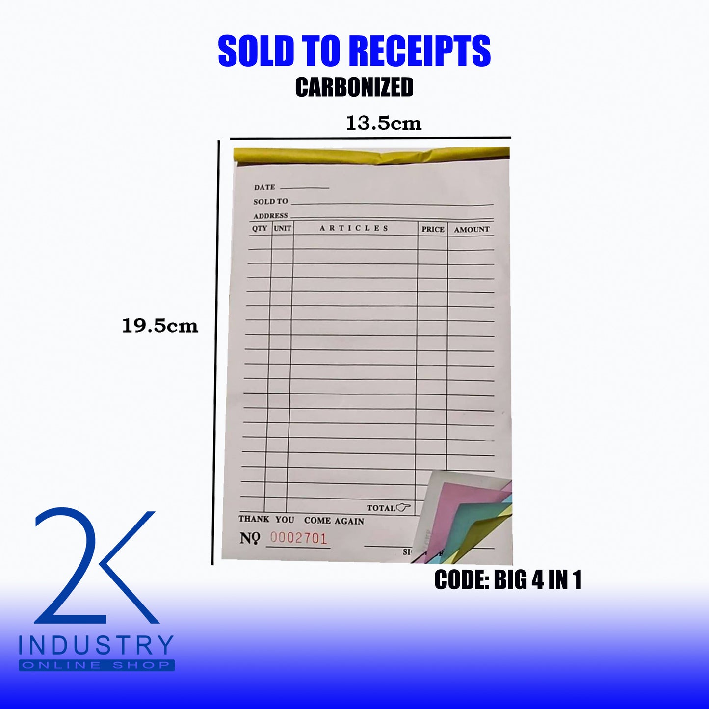 CARBONIZED SOLD TO RECEIPT - 1 BOOKLET