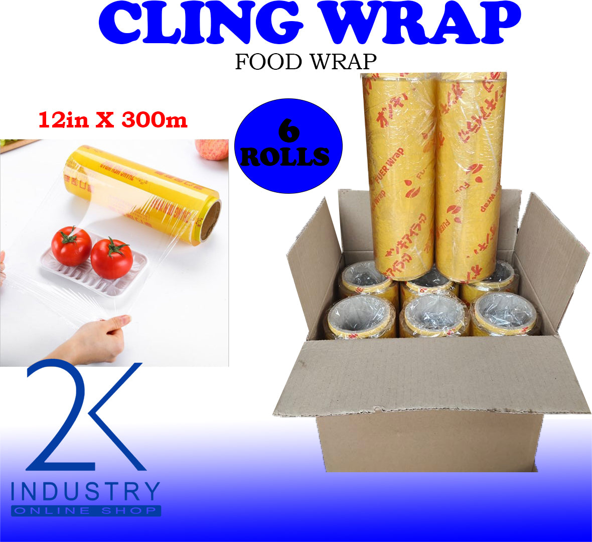 6ROLLS Plastic Food Wrap (12" x 200 meters) Food Grade Cling Wrap Food Packaging PVC Foodwrap