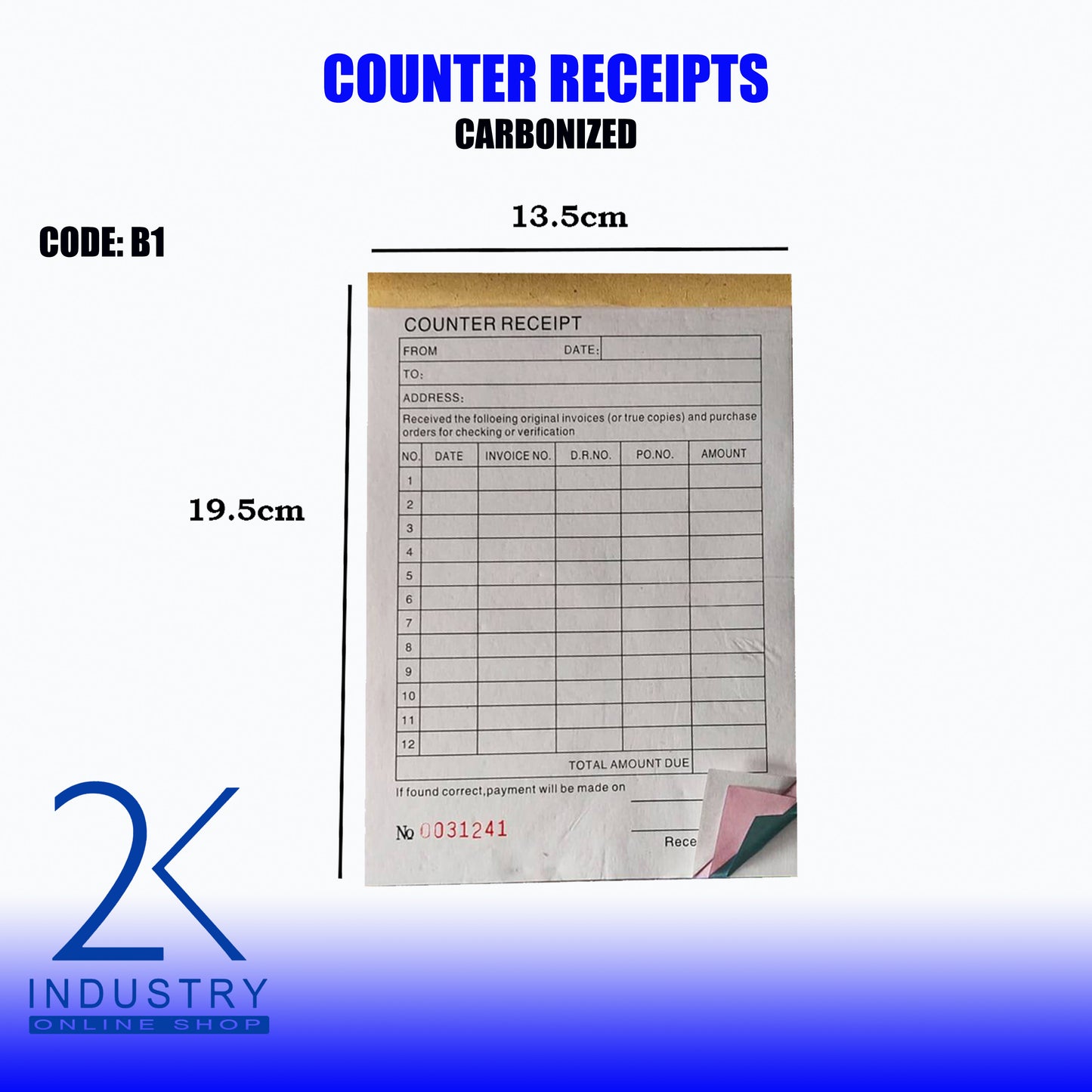 CARBONIZED COUNTER RECEIPT - 1 BOOKLET