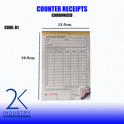 CARBONIZED COUNTER RECEIPT - 1 BOOKLET