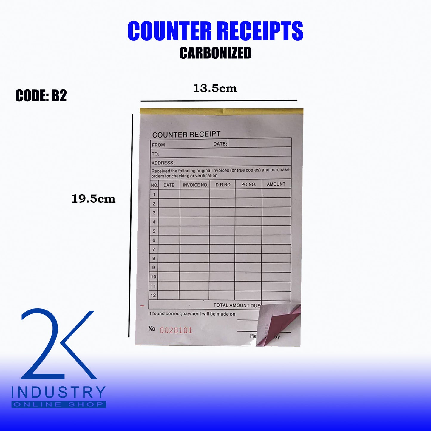 CARBONIZED COUNTER RECEIPT - 1 BOOKLET